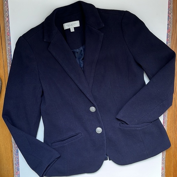 4P Talbots Navy Blue Cotton Knit Blazer Nautical Buttons Fully Lined w/ Pockets - Picture 8 of 11